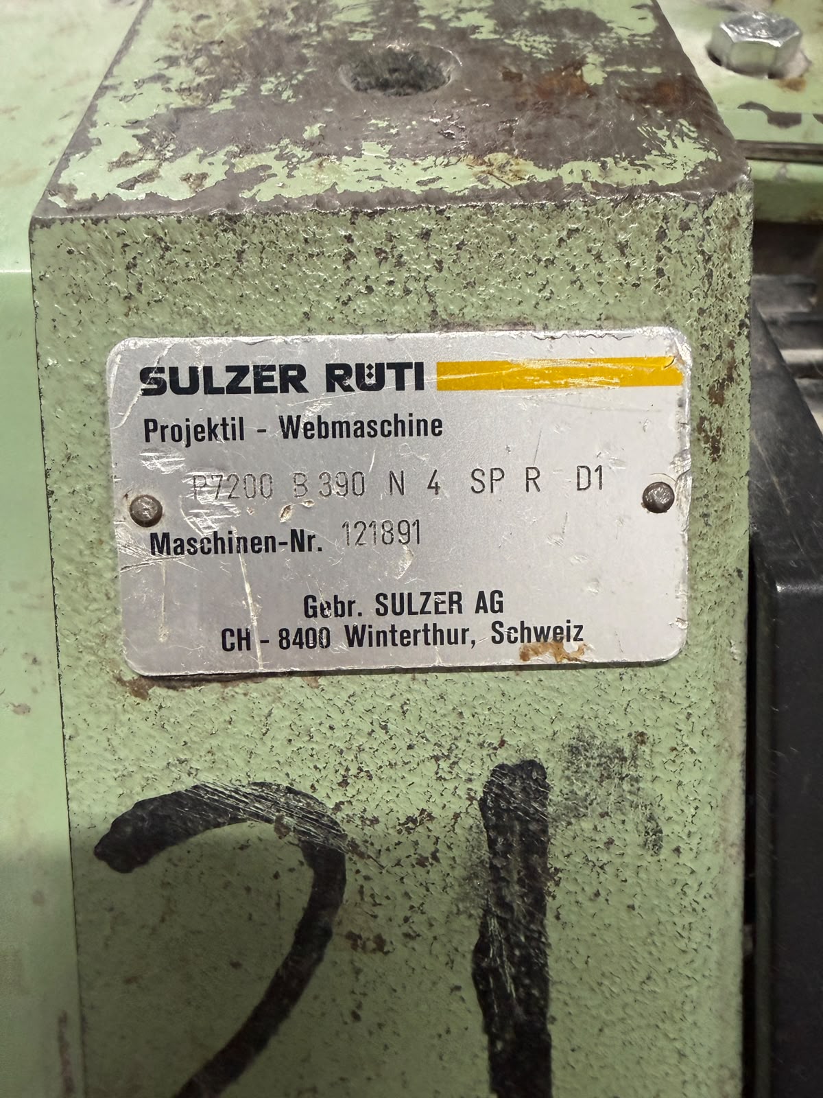 Sulzer Rüti nameplate P7200 B390 N4 SP R D1 (cam motion), Gebr. Sulzer AG