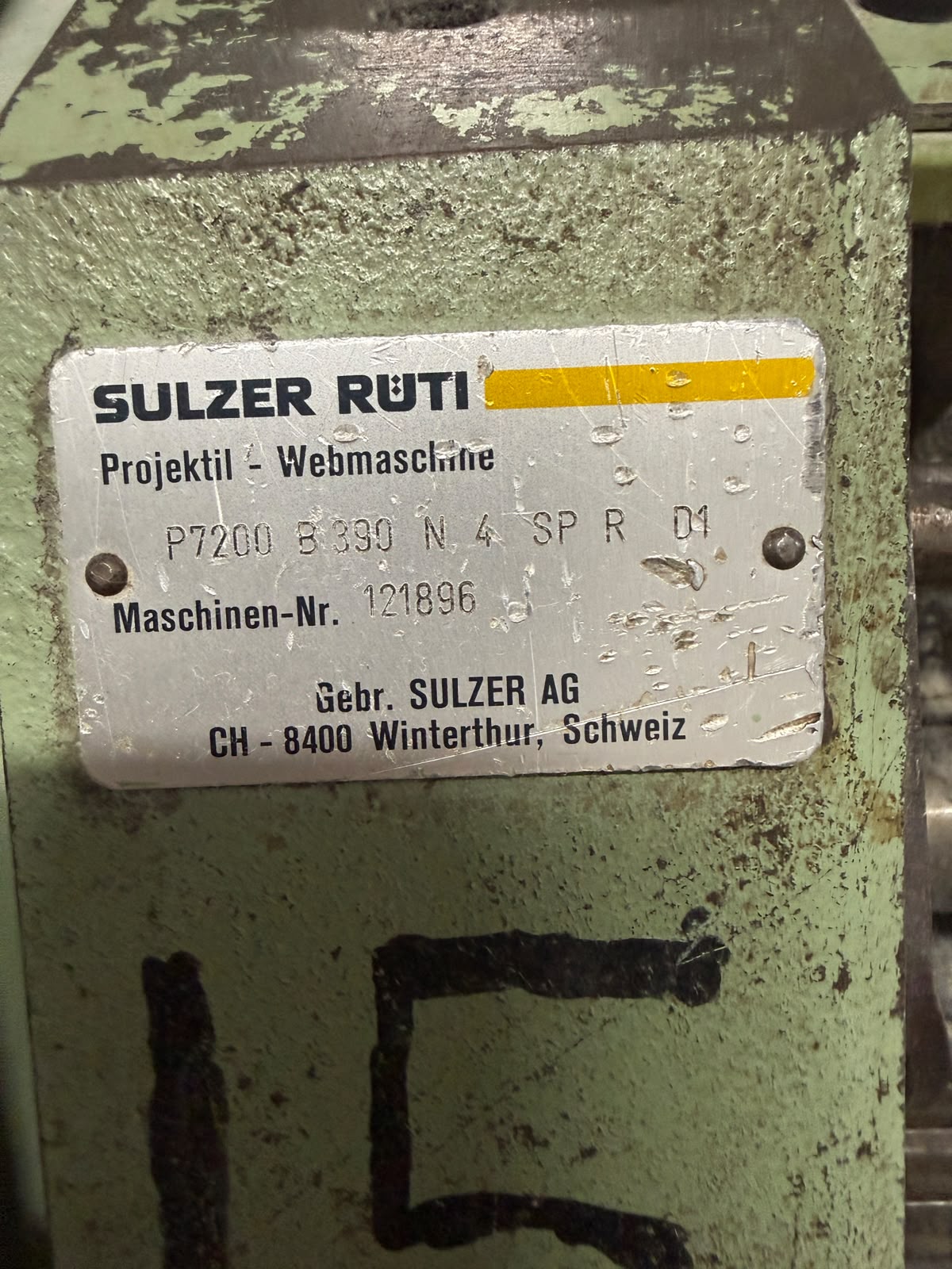 Sulzer Rüti nameplate P7200 B390 N4 SP R D1 (cam motion)