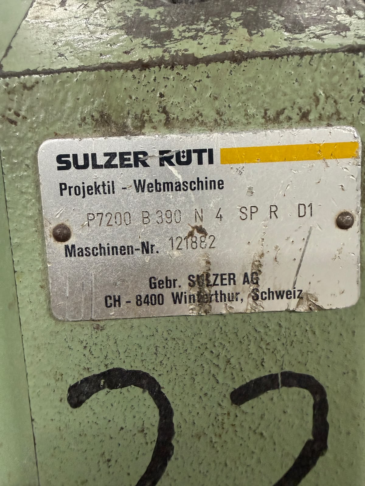 Sulzer Rüti nameplate P7200 B390 N4 SP R D1, Gebr. Sulzer AG